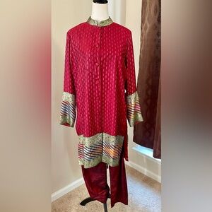 Silk Brocade Long Tunic 2pc Pant Set Hand Made In India Drawstring Silk Pants